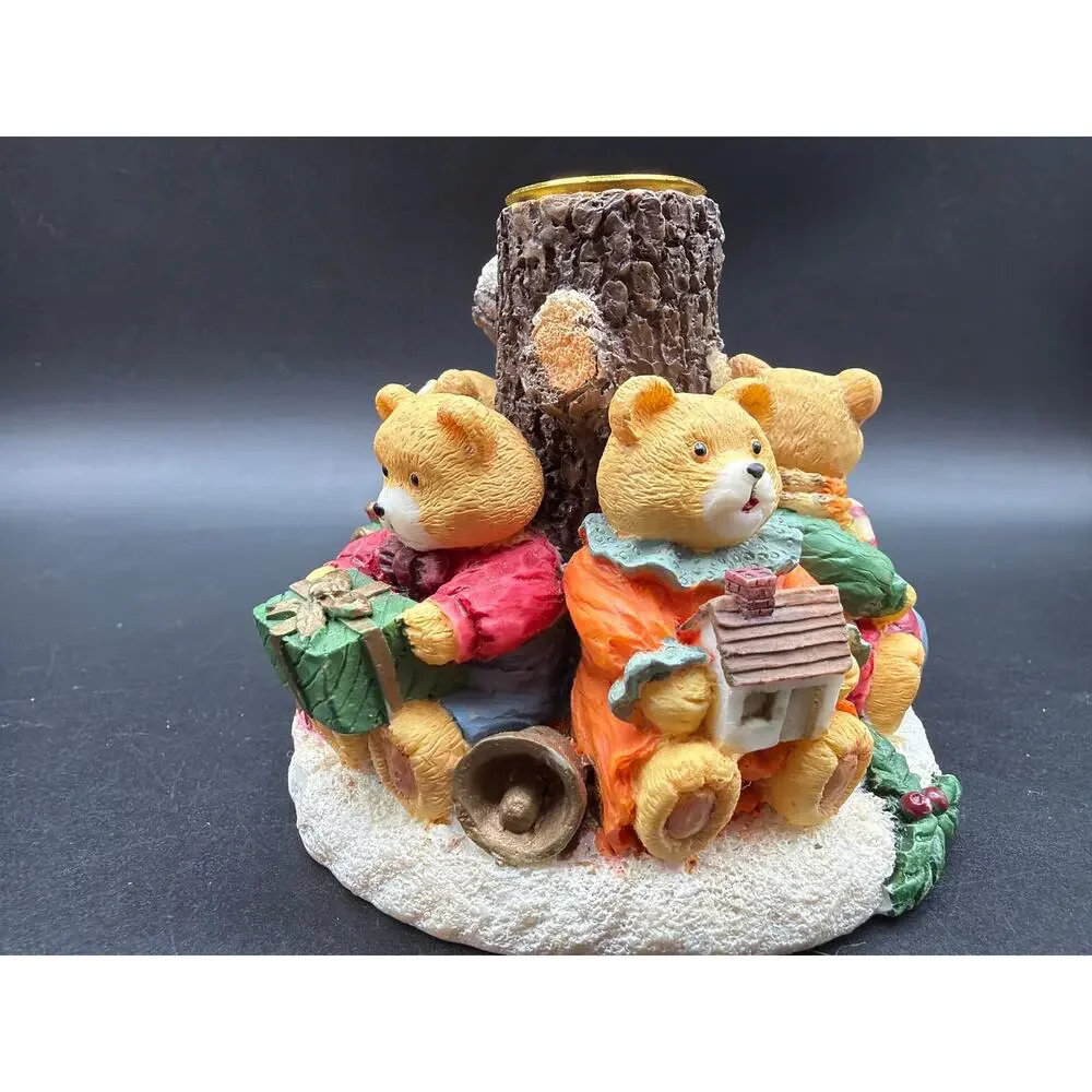 Vintage Teddy Bear Christmas Votive Candle Holder Resin Toys Tree Stump 3.5”x4”